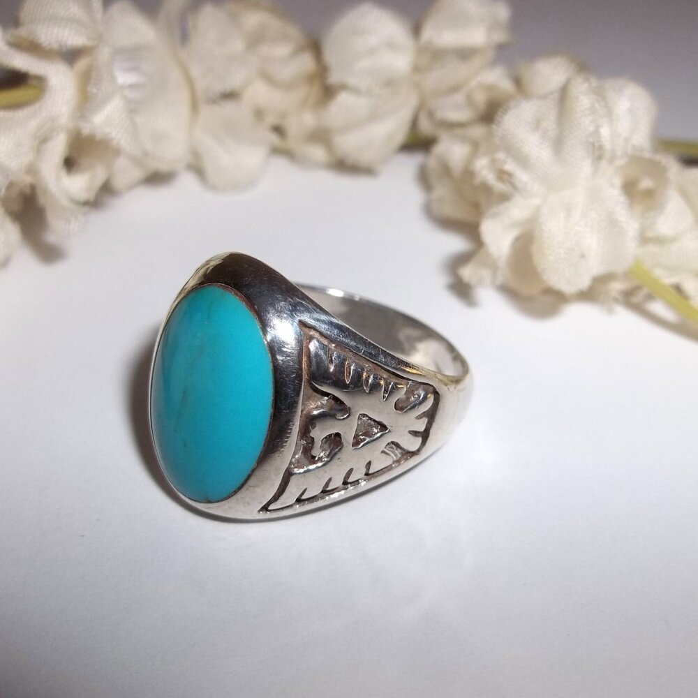 Vintage Turquoise Silver Navajo Ring Phoenix Unisex US Size 8.25 Jewelry D162